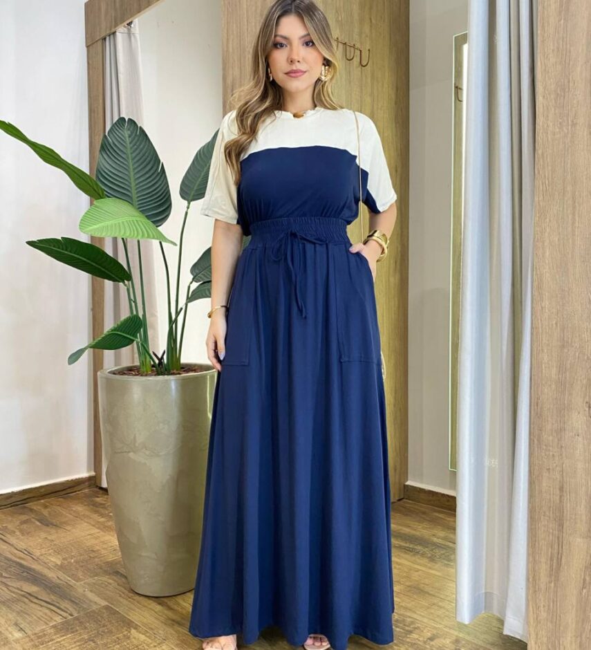 Conjunto Moletinho Isa Blusa Manga Curta e Saia Longa Azul - Fernanda Ramos Store