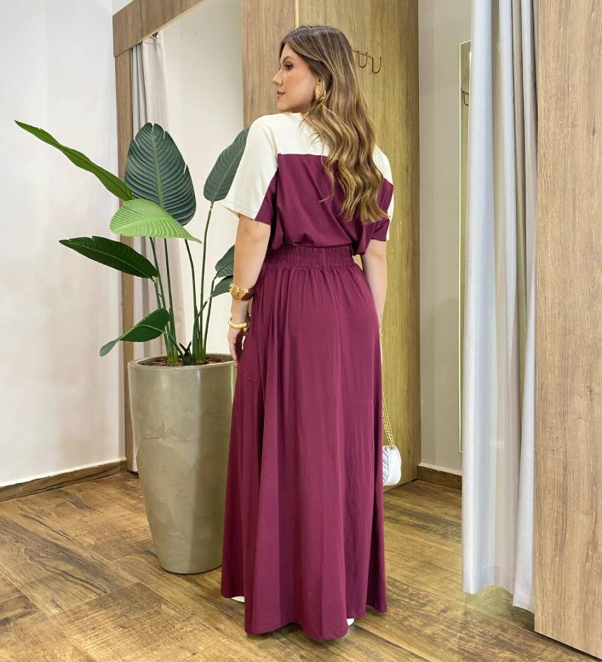 Conjunto Moletinho Isa Blusa Manga Curta e Saia Longa Marsala - Fernanda Ramos Store
