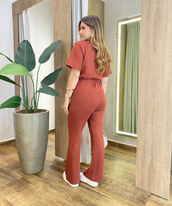 Conjunto Moletinho Vanessa Blusa Manga Curta e Calça TerraCota - Fernanda Ramos Store