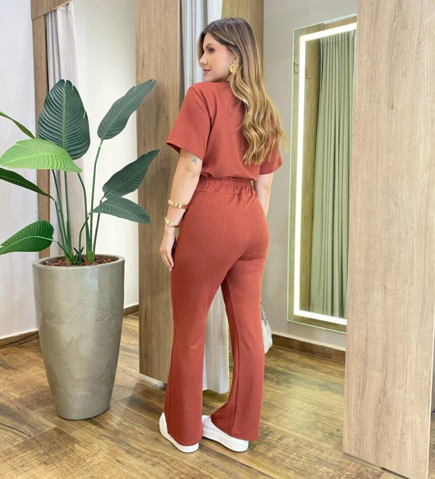 Conjunto Moletinho Vanessa Blusa Manga Curta e Calça TerraCota - Fernanda Ramos Store