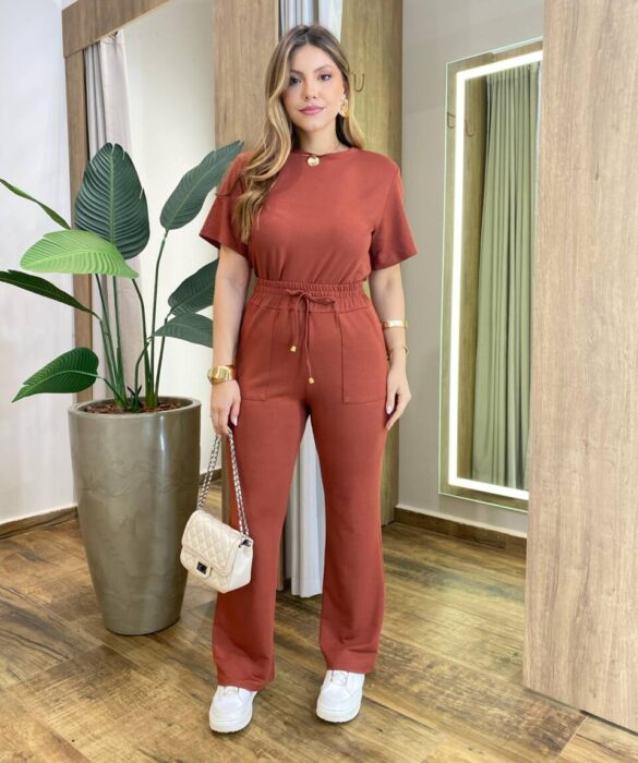Conjunto Moletinho Vanessa Blusa Manga Curta e Calça TerraCota - Fernanda Ramos Store