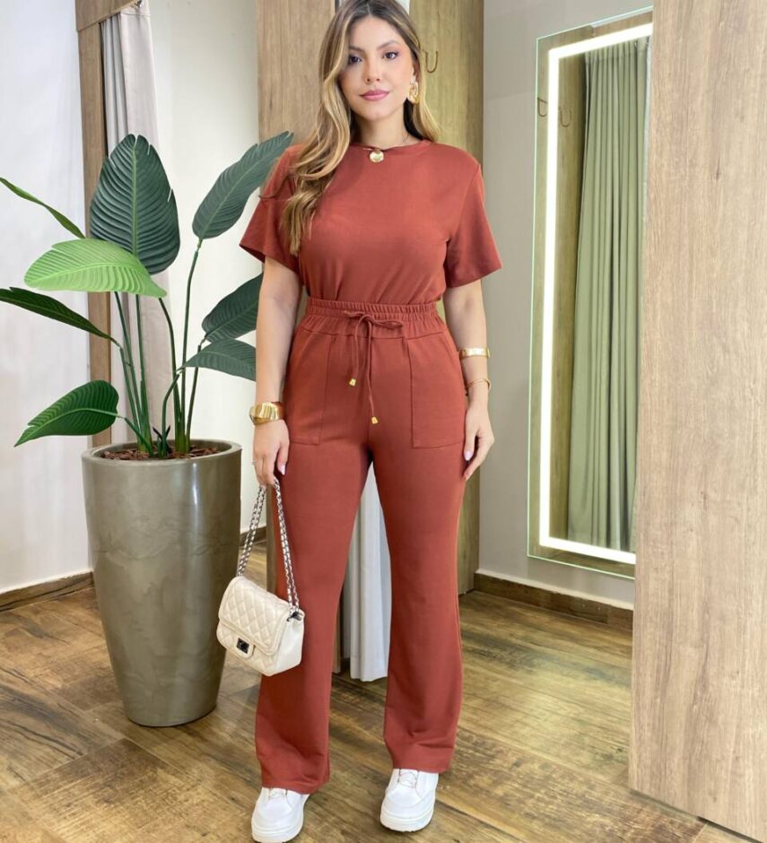 Conjunto Moletinho Vanessa Blusa Manga Curta e Calça TerraCota - Fernanda Ramos Store