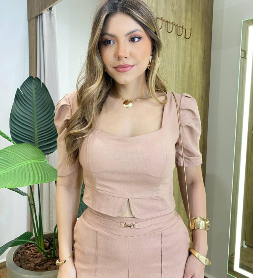 Conjunto Noronha Cropped com Bojo e Calça com Detalhe Bege - Fernanda Ramos Store