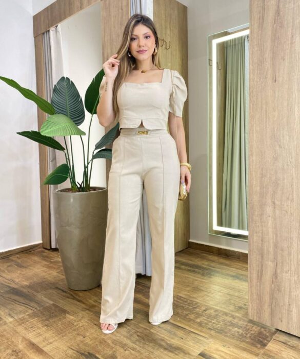 Conjunto Noronha Cropped com Bojo e Calça com Detalhe Palha - Fernanda Ramos Store