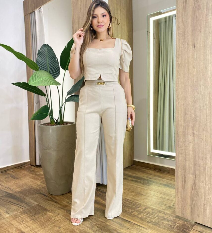 Conjunto Noronha Cropped com Bojo e Calça com Detalhe Palha - Fernanda Ramos Store
