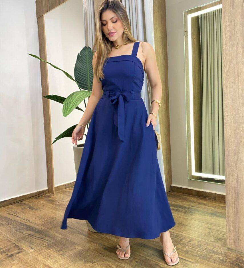 Conjunto Carla Cropped com Bojo e Saia com Amarração Azul - Fernanda Ramos Store