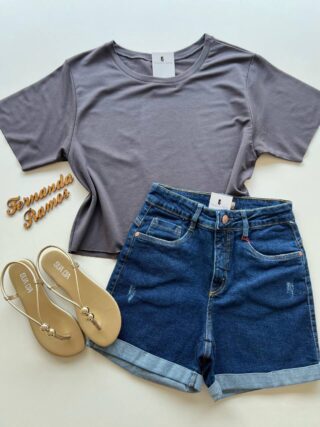 Cropped Feminino Manga Curta Moletinho Chumbo - Fernanda Ramos Store