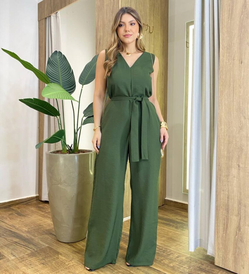 Macacão Feminino Longo Virginia com Bojo e Amarração Verde - Fernanda Ramos Store