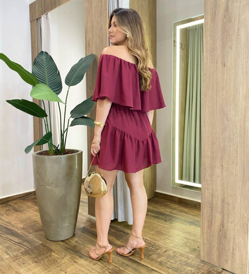 Macaquinho Feminino Curto Boho sem Bojo Ombro a Ombro Vinho - Fernanda Ramos Store
