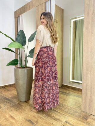 Saia Longa Feminina em Tule Estampada Vinho - Fernanda Ramos Store