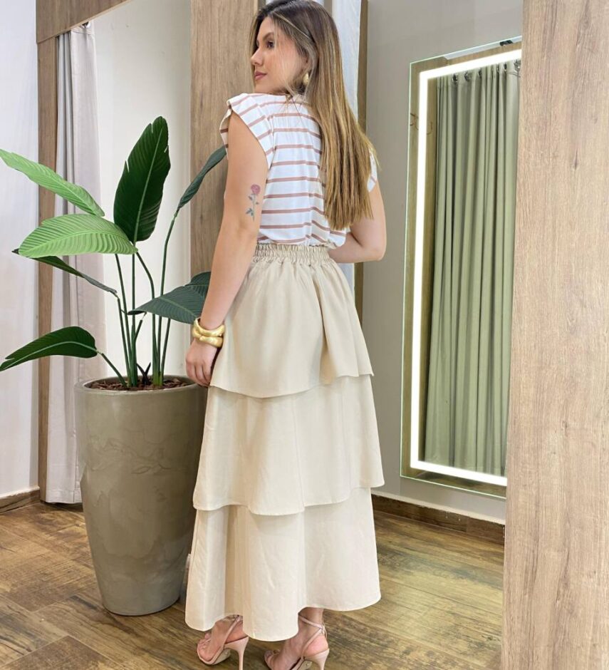 Saia Midi Feminina Helena em Camadas com Lastex Bege - Fernanda Ramos Store