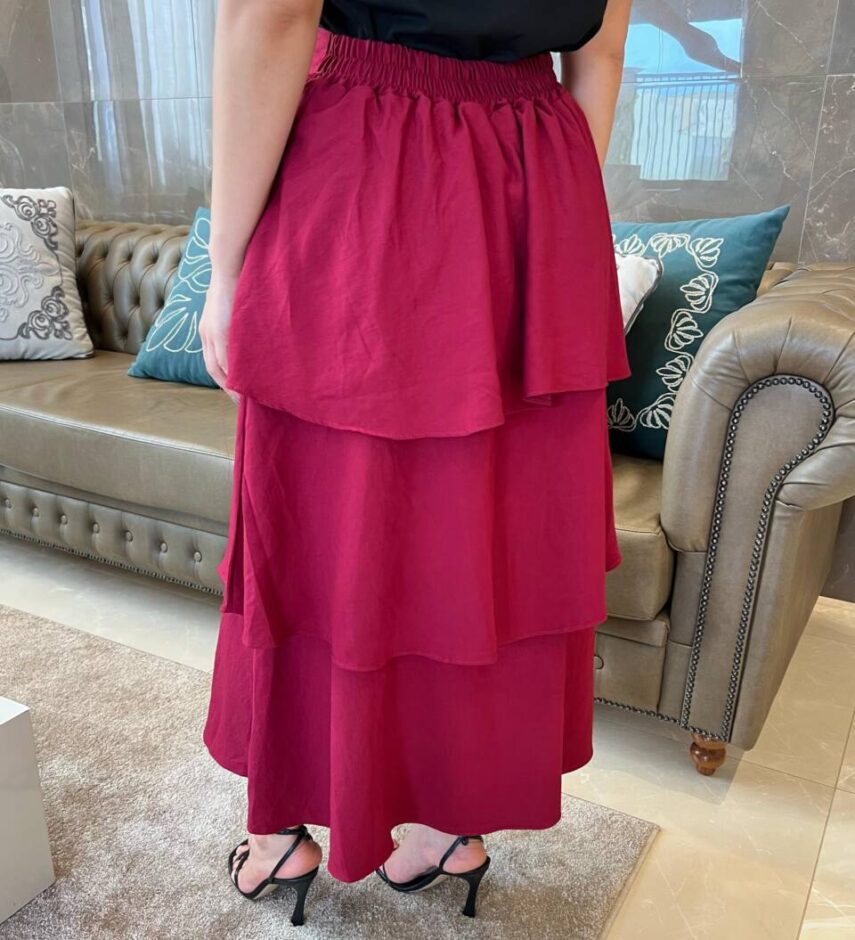 Saia Midi Feminina Helena em Camadas com Lastex Marsala - Fernanda Ramos Store