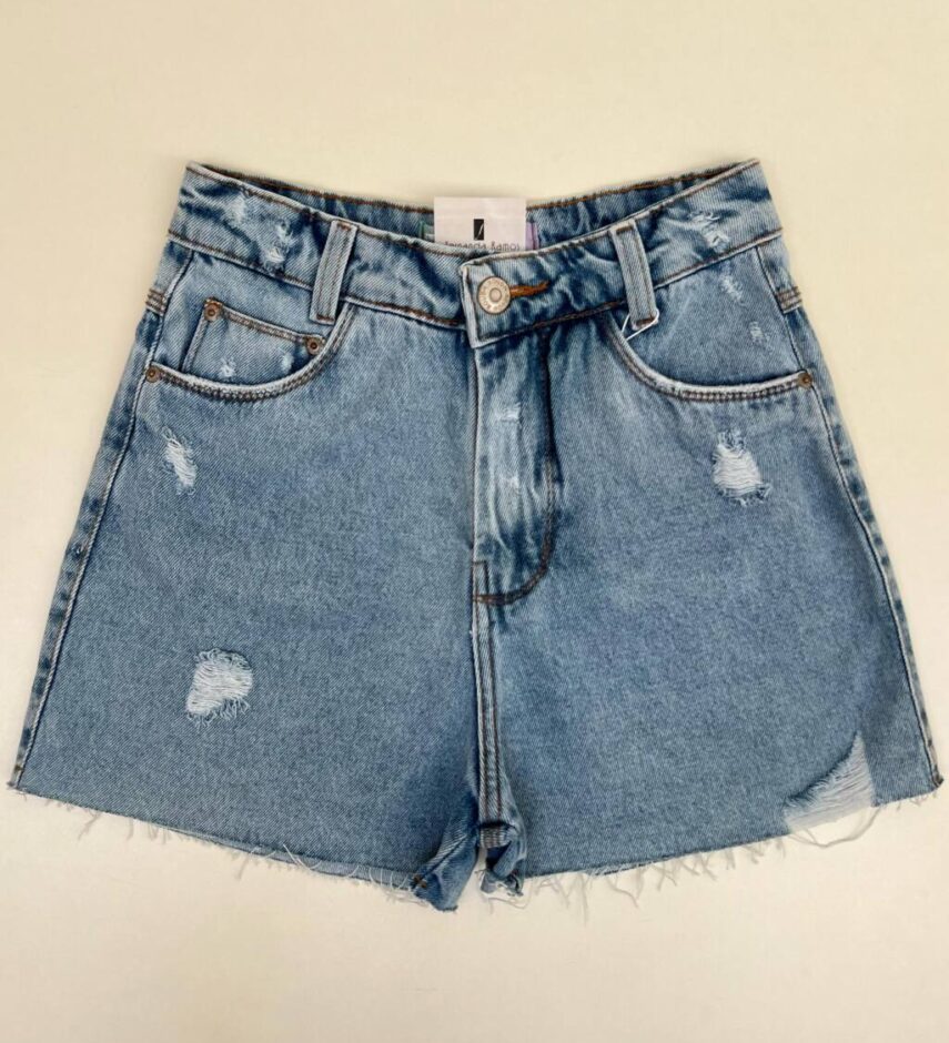 Short Feminino Jeans Claro Detalhes em Destroyed - Fernanda Ramos Store
