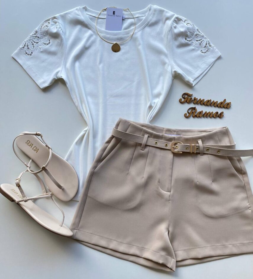 T-shirt Feminina Thais Manga Curta com Detalhes Branca - Fernanda Ramos Store