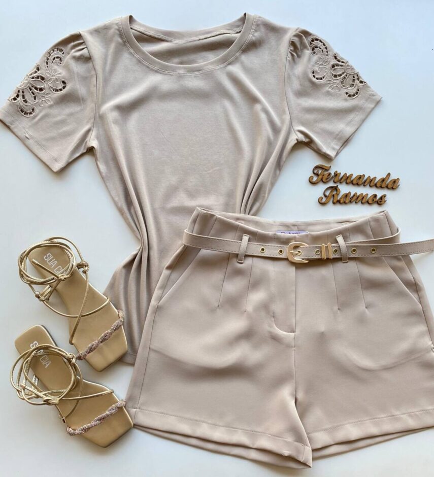 T-shirt Feminina Thais Manga Curta com Detalhes Nude - Fernanda Ramos Store