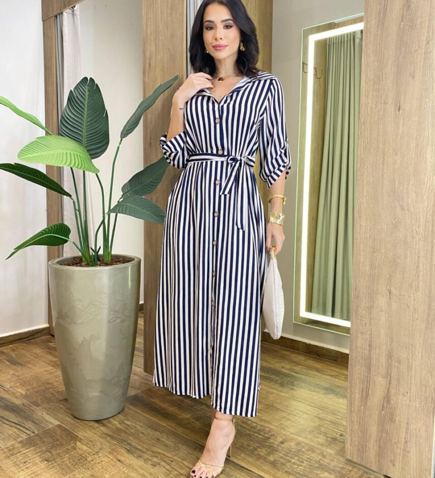 Vestido Chemise Longo sem Bojo Manga 3/4 Listrado Azul Marinho - Fernanda Ramos Store