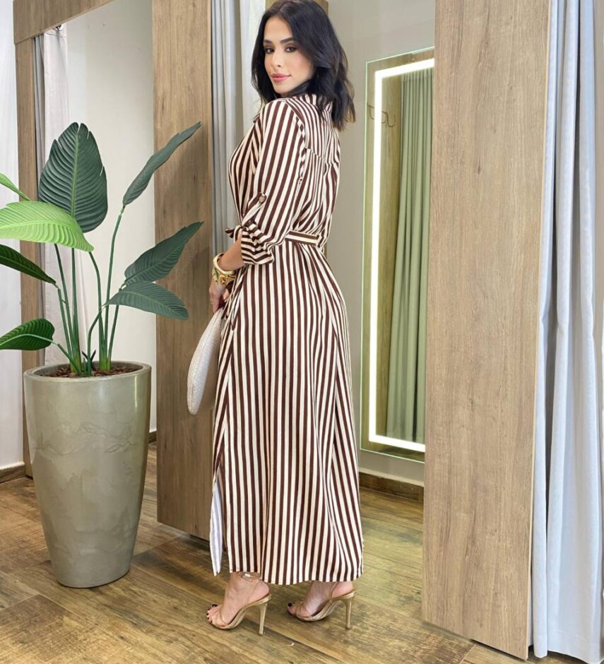 Vestido Chemise Longo sem Bojo Manga 3/4 Listrado Marrom - Fernanda Ramos Store