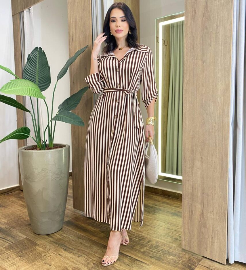Vestido Chemise Longo sem Bojo Manga 3/4 Listrado Marrom - Fernanda Ramos Store