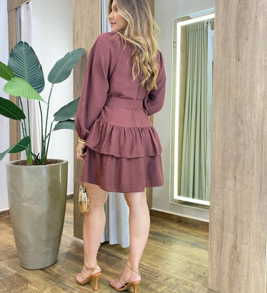 Vestido Feminino Curto Boho Manga Longa com Cinto Marrom - Fernanda Ramos Store