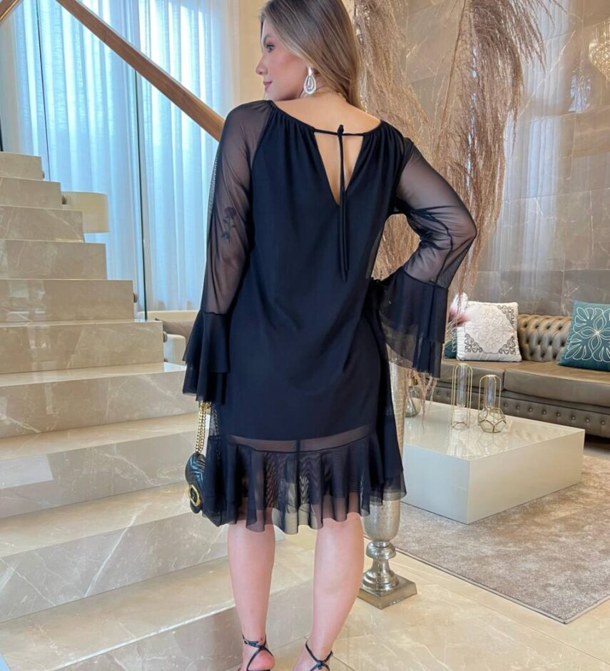 Vestido Feminino Curto Diana sem Bojo Manga Longa em Tule Preto - Fernanda Ramos Store