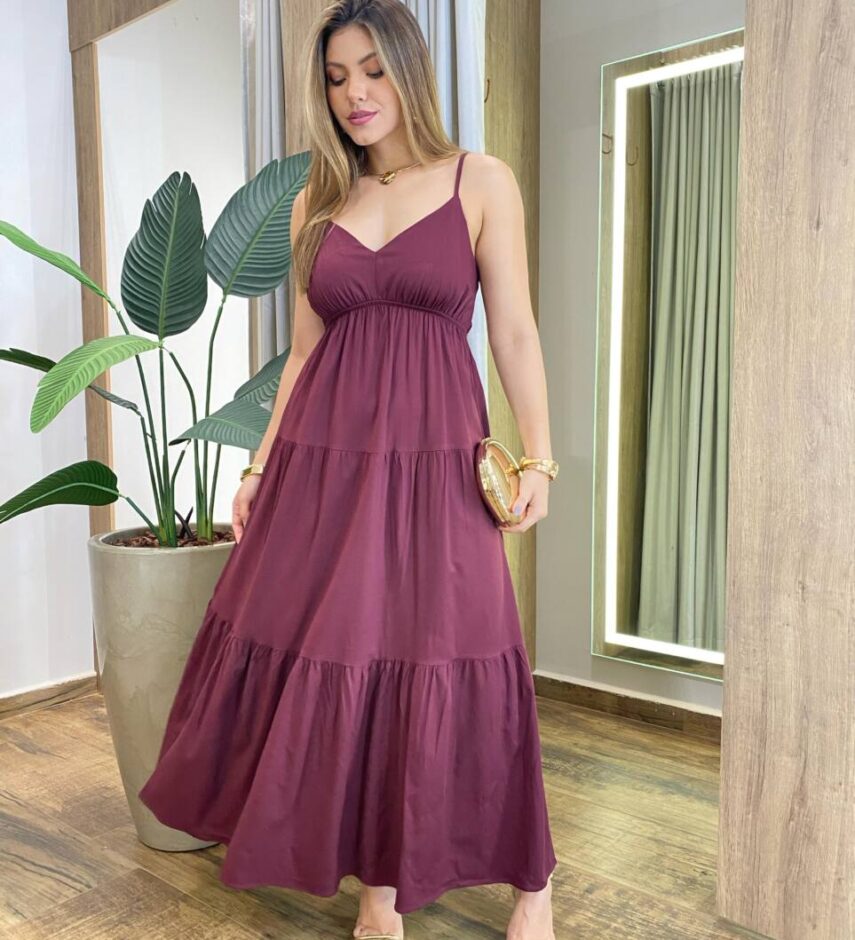 Vestido Feminino Longo Serena sem Bojo Alça Regulável Vinho - Fernanda Ramos Store