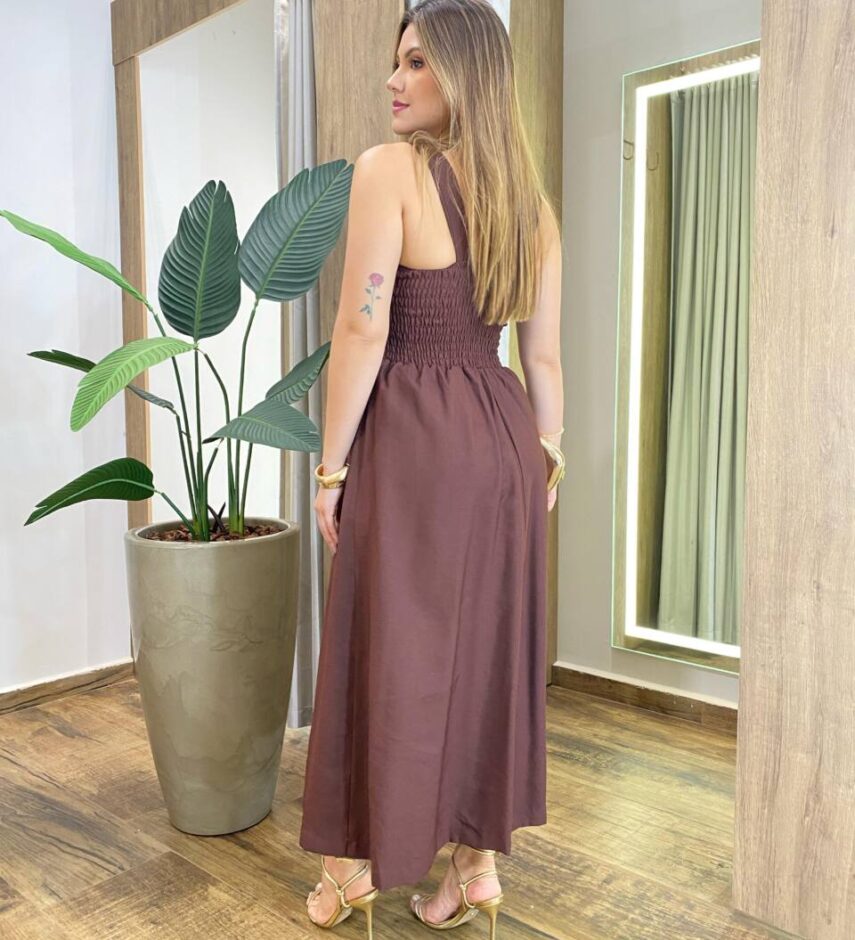 Vestido Longo Aurora com Bojo e Alça Grossa Marrom - Fernanda Ramos Store