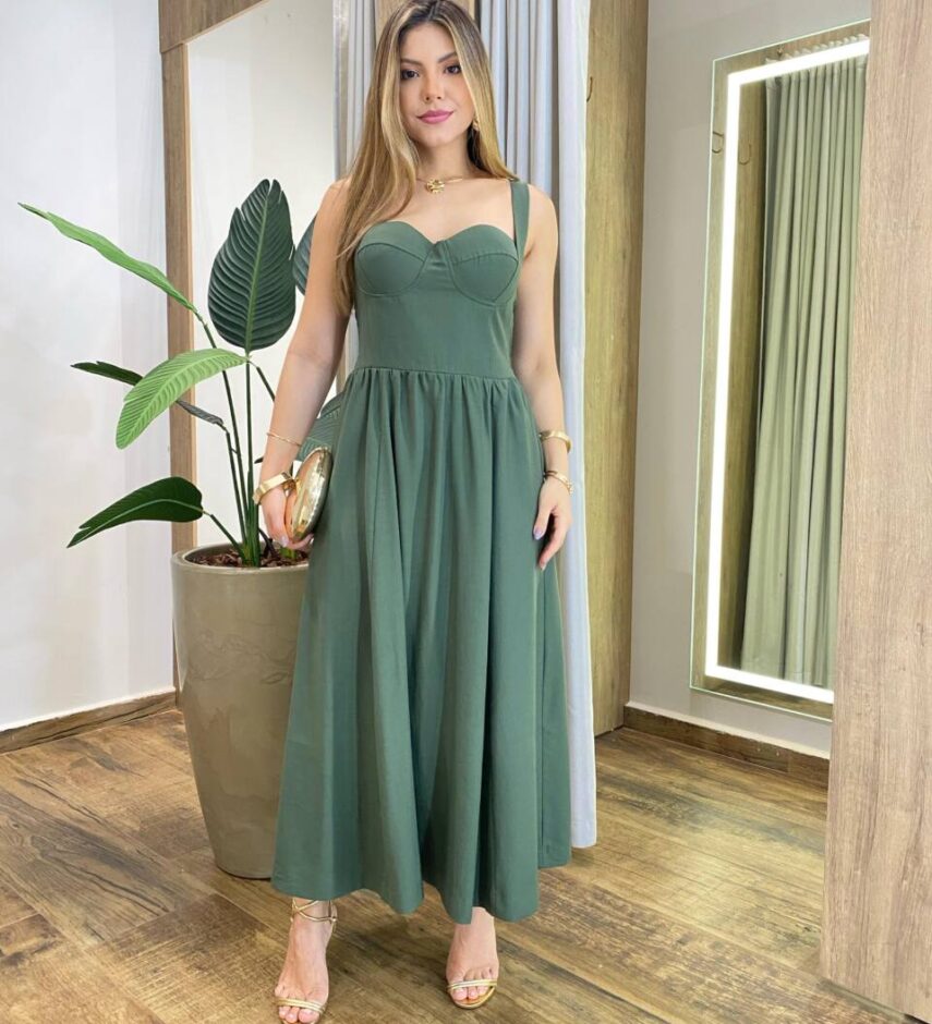 Vestido Longo Aurora com Bojo e Alça Grossa Verde - Fernanda Ramos Store