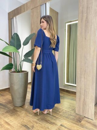 Vestido Longo com Bojo Manga Curta com Detalhes e Cinto Azul - Fernanda Ramos Store