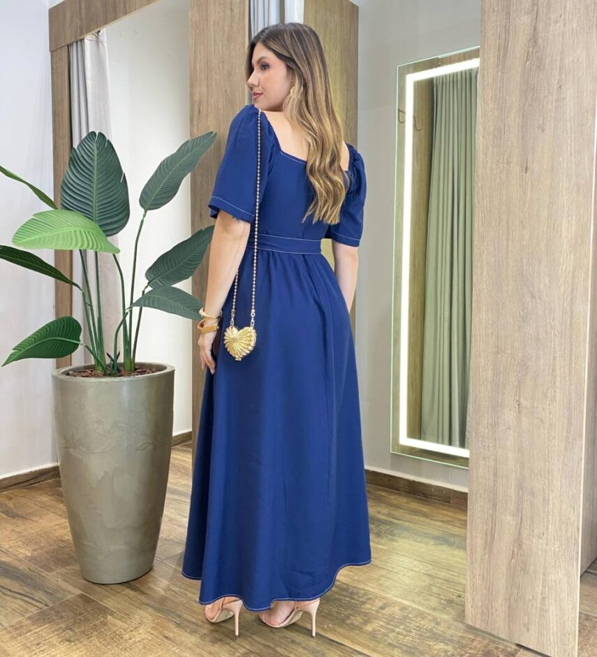 Vestido Longo com Bojo Manga Curta com Detalhes e Cinto Azul - Fernanda Ramos Store