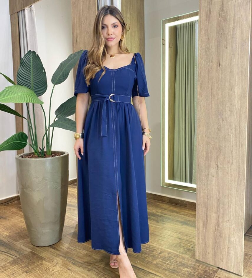 Vestido Longo com Bojo Manga Curta com Detalhes e Cinto Azul - Fernanda Ramos Store