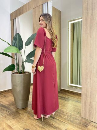 Vestido Longo com Bojo Manga Curta com Detalhes e Cinto Vinho - Fernanda Ramos Store