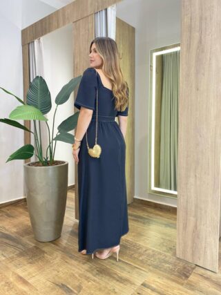 Vestido Longo com Bojo Manga Curta com Detalhes e Cinto Preto - Fernanda Ramos Store
