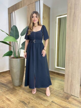 Vestido Longo com Bojo Manga Curta com Detalhes e Cinto Preto - Fernanda Ramos Store