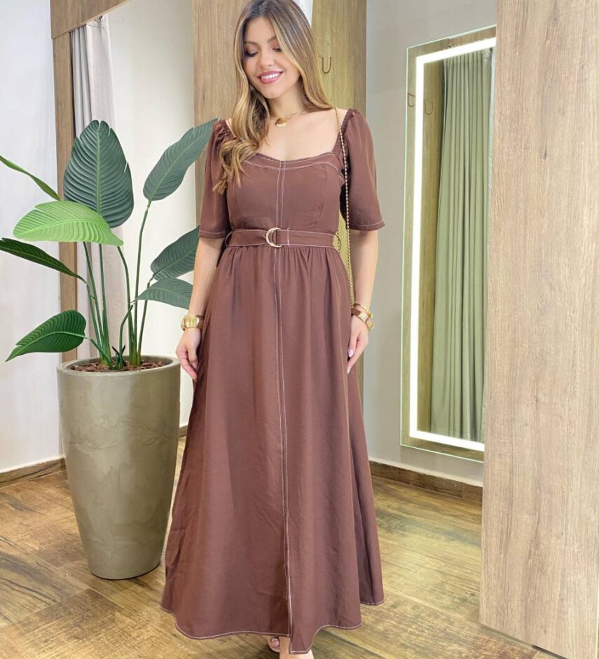 Vestido Longo com Bojo Manga Curta com Detalhes e Cinto Marrom - Fernanda Ramos Store