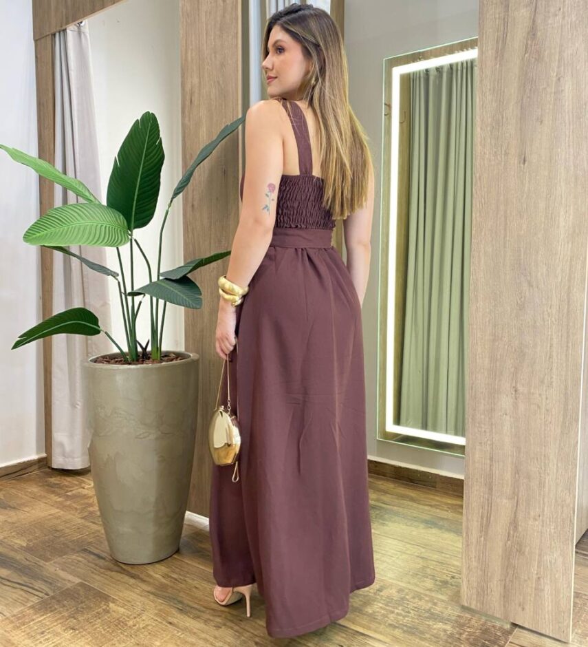 Vestido Longo Luisa com Bojo Detalhe em Botões e Amarração Marrom - Fernanda Ramos Store