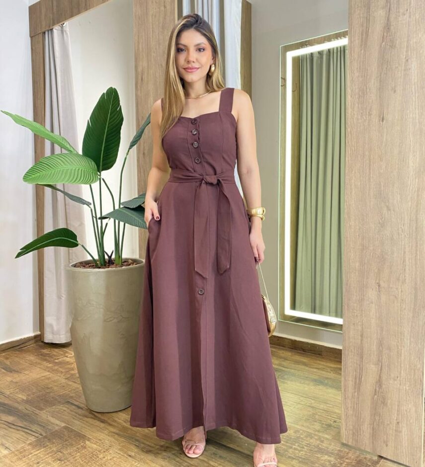 Vestido Longo Luisa com Bojo Detalhe em Botões e Amarração Marrom - Fernanda Ramos Store