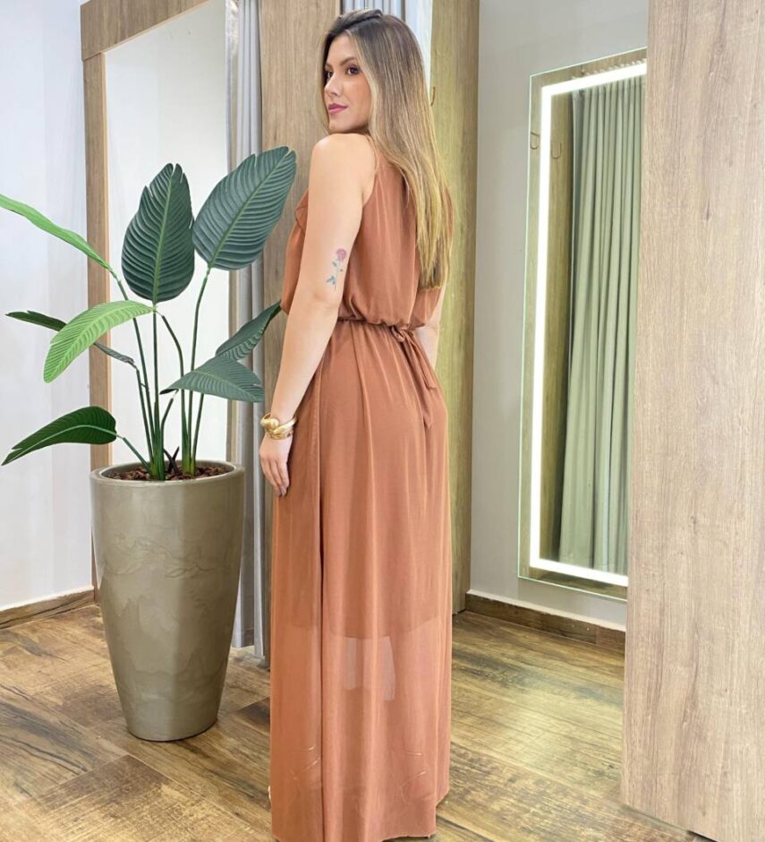 Vestido Longo Magda sem Bojo em Tule Caramelo - Fernanda Ramos Store