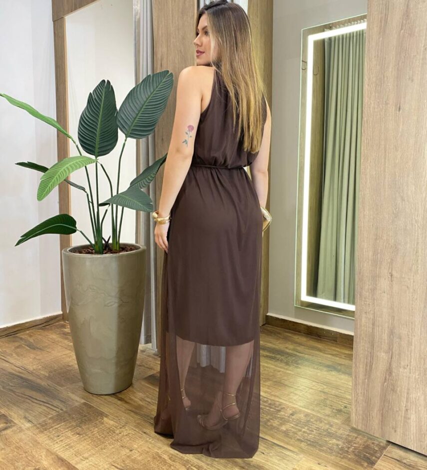 Vestido Longo Magda sem Bojo em Tule Marrom - Fernanda Ramos Store