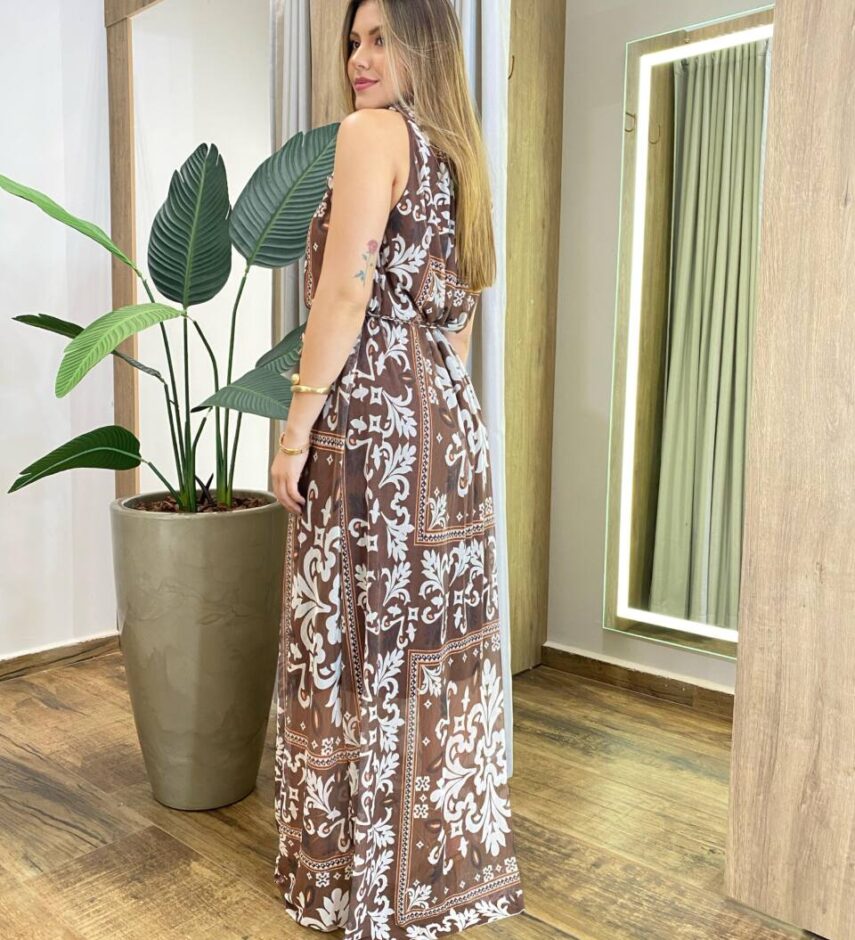 Vestido Longo Magda sem Bojo Estampado em Tule Marrom - Fernanda Ramos Store