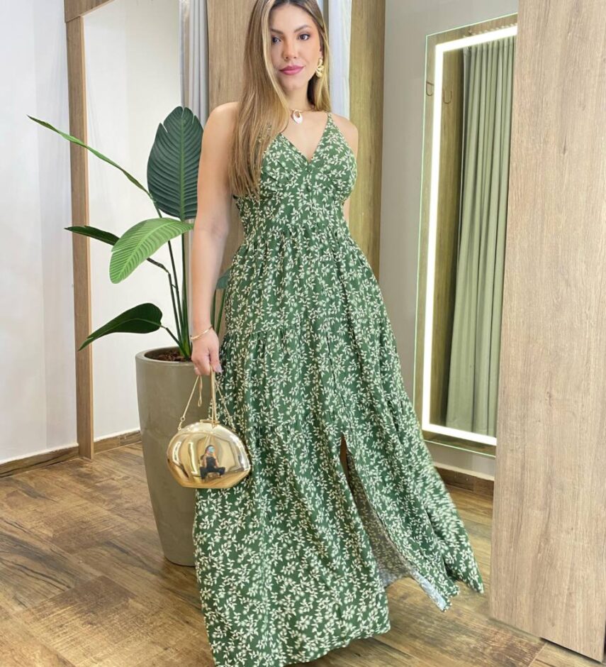 Vestido Longo Naty com Bojo Estampa Floral e Fenda Verde - Fernanda Ramos Store