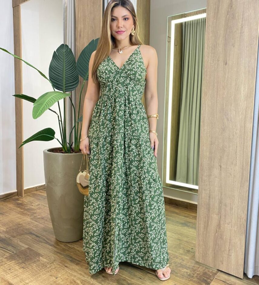 Vestido Longo Naty com Bojo Estampa Floral e Fenda Verde - Fernanda Ramos Store