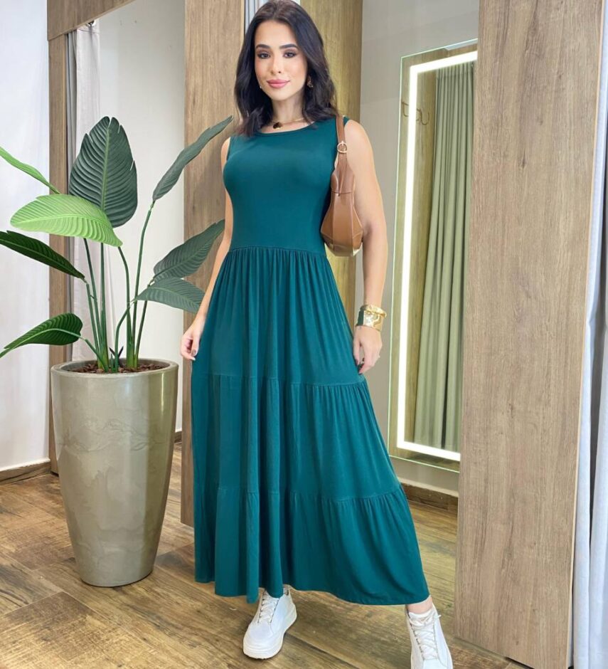 Vestido Longo sem Bojo Malha Alça Grossa Verde Escuro - Fernanda Ramos Store