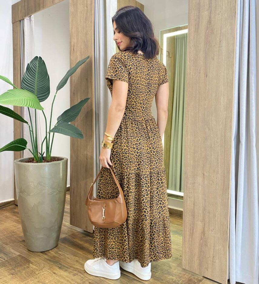 Vestido Longo sem Bojo Manga Curta em Malha Animal Print - Fernanda Ramos Store