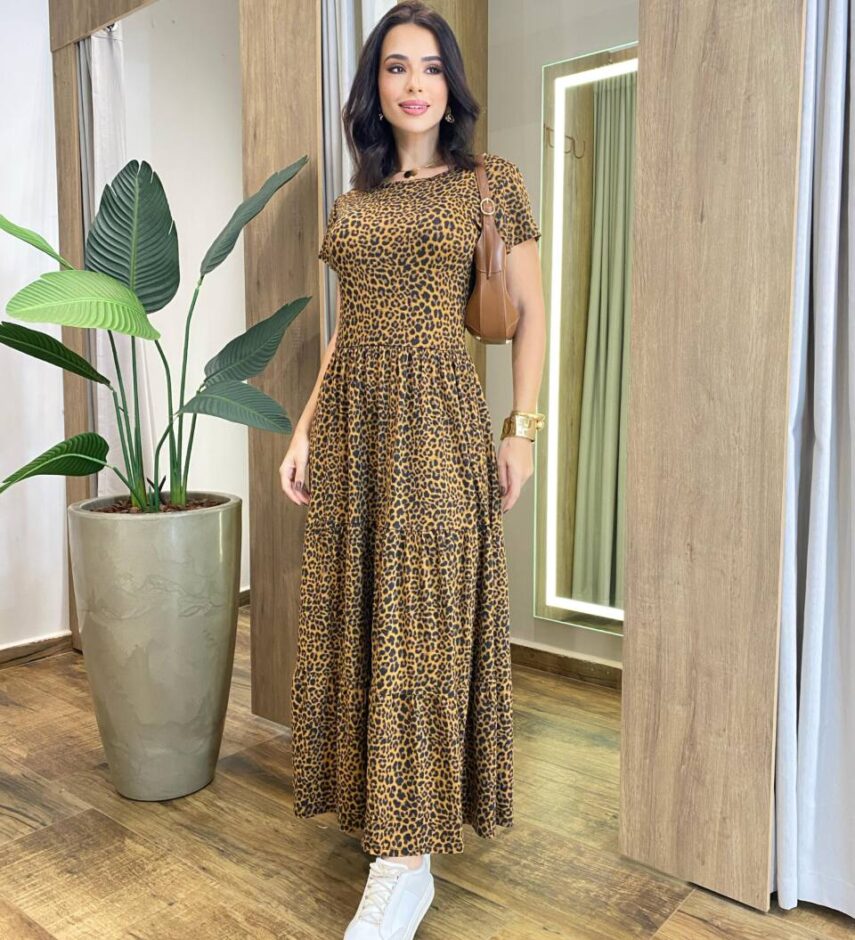 Vestido Longo sem Bojo Manga Curta em Malha Animal Print - Fernanda Ramos Store