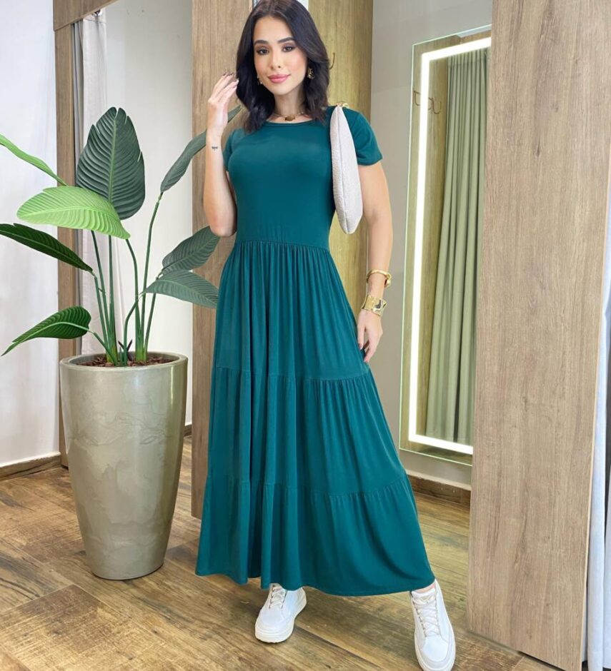 Vestido Longo sem Bojo Manga Curta em Malha Verde - Fernanda Ramos Store