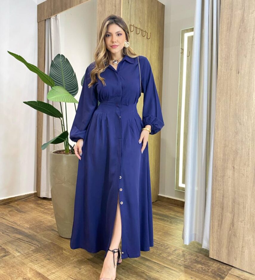 Vestido Longo sem Bojo Manga Longa com Botões Azul - Fernanda Ramos Store