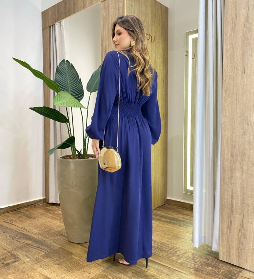 Vestido Longo sem Bojo Manga Longa com Botões Azul - Fernanda Ramos Store