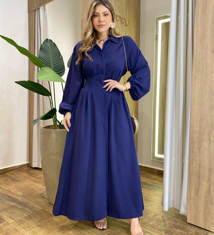Vestido Longo sem Bojo Manga Longa com Botões Azul - Fernanda Ramos Store