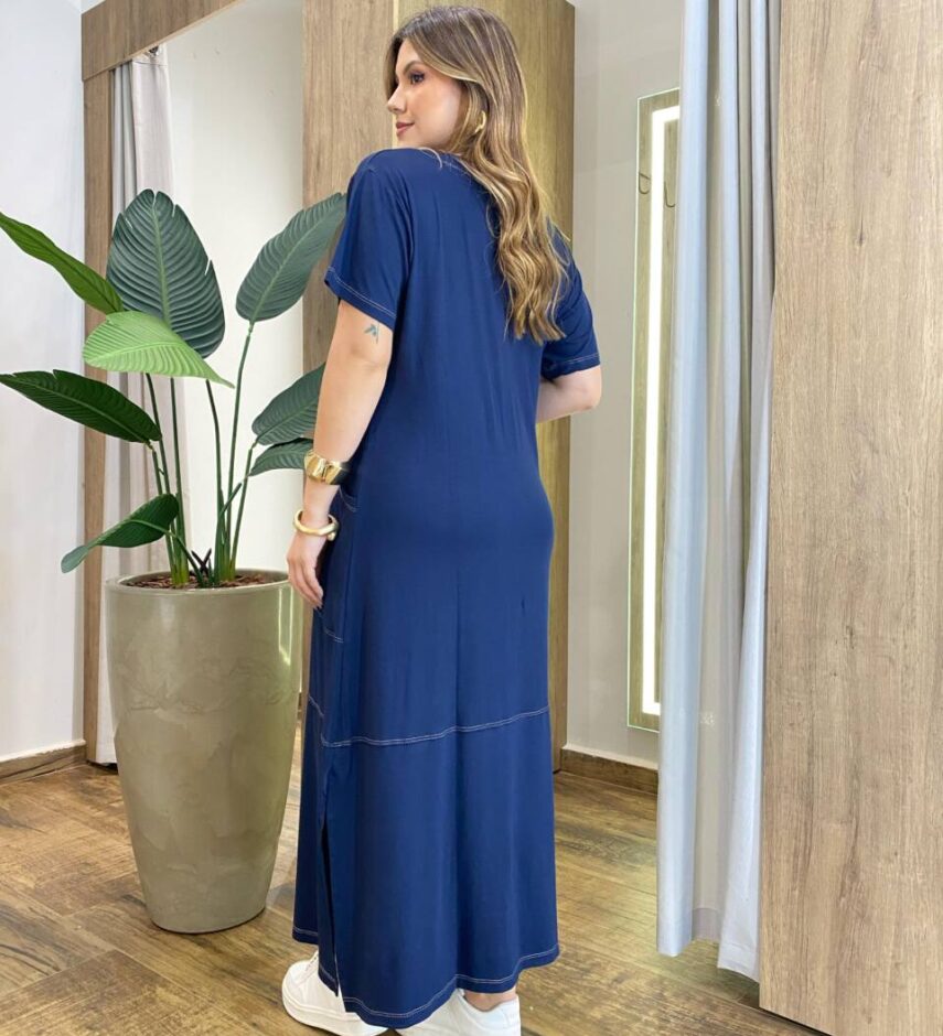 Vestido Longo sem Bojo Moletinho Manga Curta com Detalhes Azul - Fernanda Ramos Store