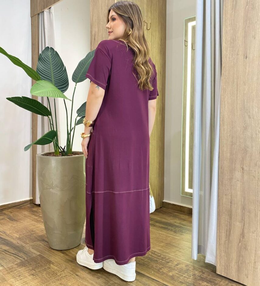 Vestido Longo sem Bojo Moletinho Manga Curta com Detalhes Marsala - Fernanda Ramos Store